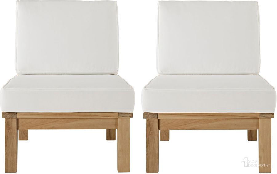 The appearance of Marina White 2 Piece Outdoor Patio Teak Set EEI-1821-NAT-WHI-SET designed by Modway in the modern / contemporary interior design. This white piece of furniture  was selected by 1StopBedrooms from Marina Collection to add a touch of cosiness and style into your home. Sku: EEI-1821-NAT-WHI-SET. Material: Wood. Product Type: Outdoor Conversation Set. Image1