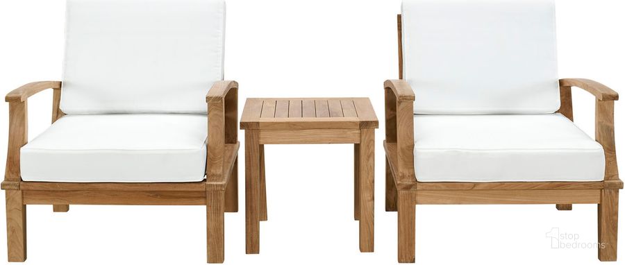 The appearance of Marina White 3 Piece Outdoor Patio Teak Set EEI-1487-NAT-WHI-SET designed by Modway in the modern / contemporary interior design. This white piece of furniture  was selected by 1StopBedrooms from Marina Collection to add a touch of cosiness and style into your home. Sku: EEI-1487-NAT-WHI-SET. Material: Wood. Product Type: Outdoor Conversation Set. Image1