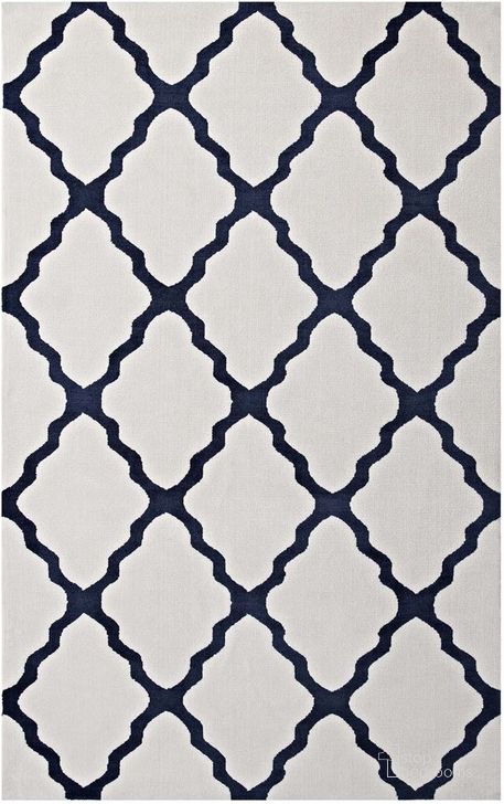 The appearance of Marja Moroccan Trellis 5X8 Area Rug In Ivory and Navy designed by Modway in the modern / contemporary interior design. This ivory and navy piece of furniture  was selected by 1StopBedrooms from Marja Collection to add a touch of cosiness and style into your home. Sku: R-1003B-58. Material: Polyester. Product Type: Area Rugs. Image1