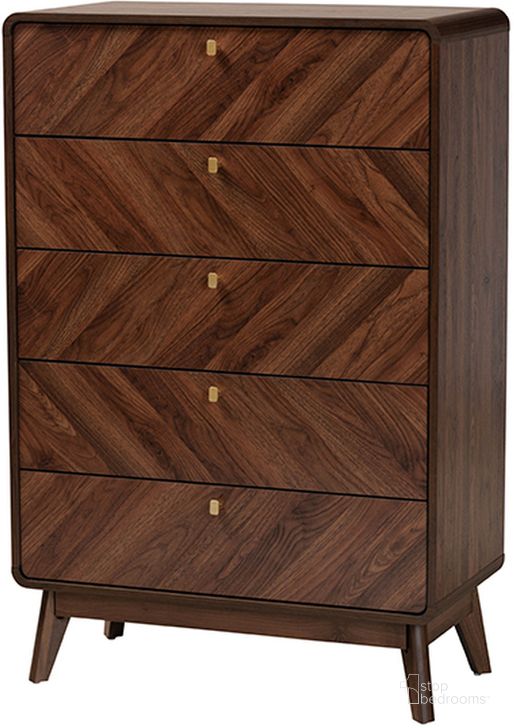 The appearance of Markell Walnut Brown Finished Wood 5-Drawer Storage Chest designed by Baxton Studio in the transitional interior design. This walnut brown piece of furniture  was selected by 1StopBedrooms from Markell Collection to add a touch of cosiness and style into your home. Sku: LV44COD4423WI-CLB-5DW-Chest. Material: Wood. Product Type: Chest. Image1