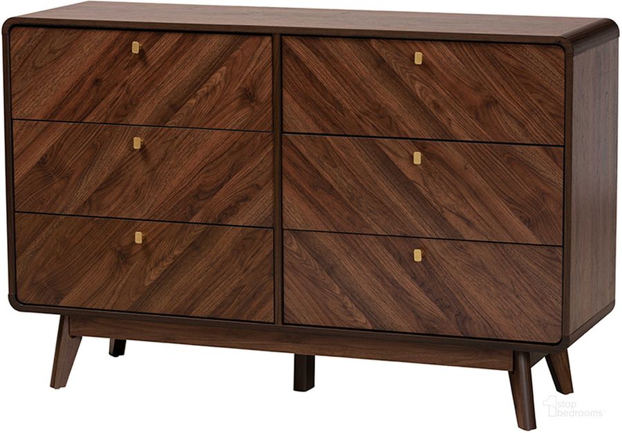 The appearance of Markell Walnut Brown Finished Wood 6-Drawer Dresser designed by Baxton Studio in the transitional interior design. This brown and gold piece of furniture  was selected by 1StopBedrooms from Markell Collection to add a touch of cosiness and style into your home. Sku: LV44COD44231WI-CLB-6DW-Dresser. Material: Wood. Product Type: Dresser. Image1