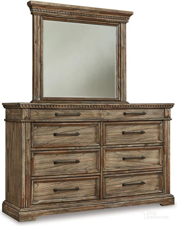 The appearance of Markenburg Dresser and Mirror In Brown designed by Signature Design by Ashley in the traditional interior design. This brown piece of furniture  was selected by 1StopBedrooms from Markenburg Collection to add a touch of cosiness and style into your home. Sku: B770-31;B770-36. Material: Wood. Product Type: Dresser and Mirror. Image1