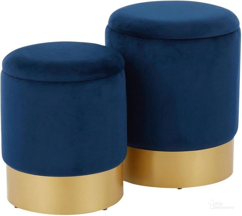 The appearance of Marla Contemporary/Glam Nesting Ottoman Set In Gold Metal And Blue Velvet designed by Lumisource in the modern / contemporary interior design. This blue piece of furniture  was selected by 1StopBedrooms from Marla Collection to add a touch of cosiness and style into your home. Sku: OT-MARLA AUVBU. Product Type: Ottoman. Material: Velvet. Image1