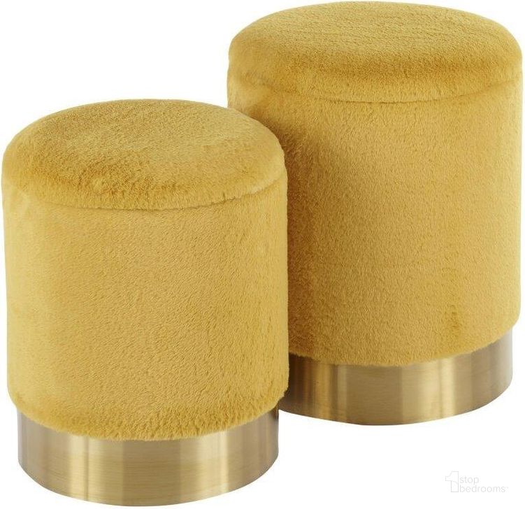The appearance of Marla Contemporary Nesting Ottoman Set In Gold Metal And Yellow Plush Fabric designed by Lumisource in the modern / contemporary interior design. This yellow piece of furniture  was selected by 1StopBedrooms from Marla Collection to add a touch of cosiness and style into your home. Sku: OT-MARLA PLSH Y. Material: Polyester. Product Type: Ottoman. Image1
