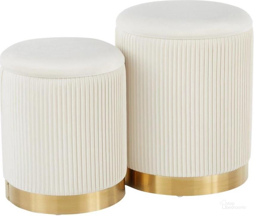 The appearance of Marla Contemporary Nesting Pleated Ottoman Set In Gold Metal And Cream Velvet designed by Lumisource in the modern / contemporary interior design. This off white piece of furniture  was selected by 1StopBedrooms from Marla Collection to add a touch of cosiness and style into your home. Sku: OT-MARLA PLT VCR. Product Type: Ottoman. Material: Velvet. Image1