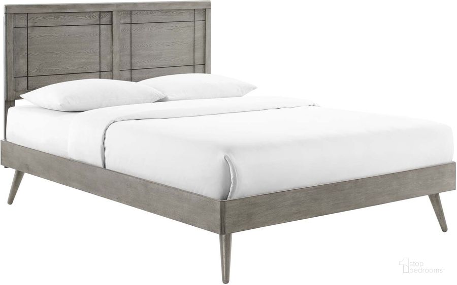 The appearance of Marlee Queen Wood Platform Bed With Splayed Legs MOD-6382-GRY designed by Modway in the modern / contemporary interior design. This gray piece of furniture  was selected by 1StopBedrooms from Marlee Collection to add a touch of cosiness and style into your home. Sku: MOD-6382-GRY. Bed Type: Platform Bed. Material: Wood. Product Type: Platform Bed. Bed Size: Queen. Image1