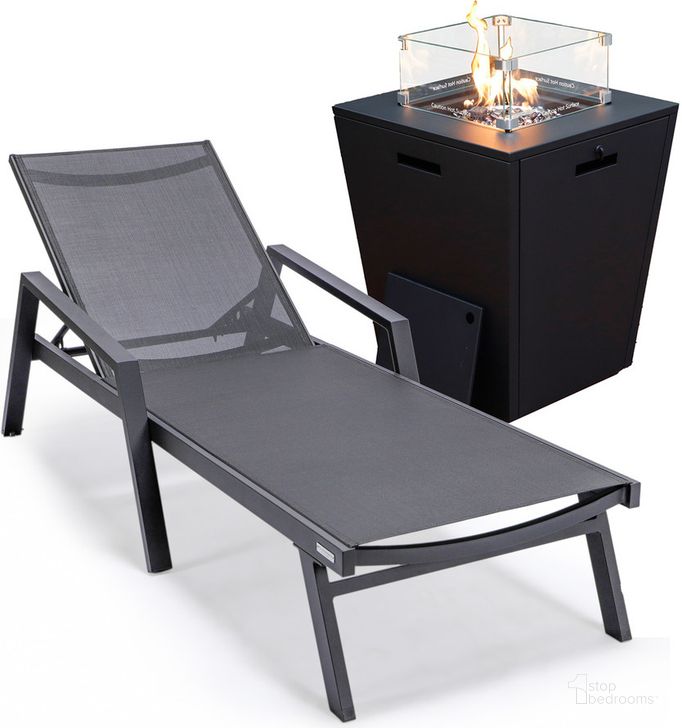 The appearance of Marlin Outdoor Patio Chaise Lounge Chair With Arms and Square Fire Pit Side Table In Black designed by LeisureMod in the modern / contemporary interior design. This black piece of furniture  was selected by 1StopBedrooms from Marlin Collection to add a touch of cosiness and style into your home. Sku: MLABLCF21-77BL. Material: Aluminum. Product Type: Outdoor Conversation Set. Image1