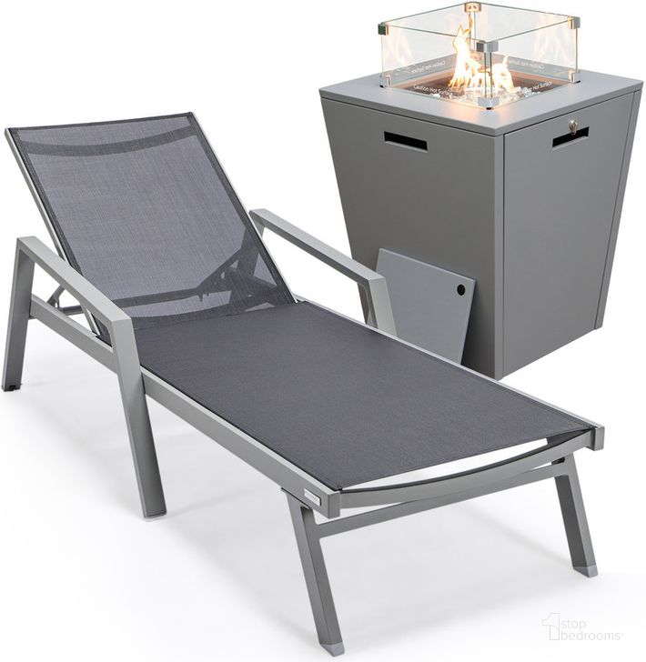 The appearance of Marlin Outdoor Patio Chaise Lounge Chair With Arms and Square Fire Pit Side Table In Black designed by LeisureMod in the modern / contemporary interior design. This black piece of furniture  was selected by 1StopBedrooms from Marlin Collection to add a touch of cosiness and style into your home. Sku: MLAGRCF21-77BL. Material: Aluminum. Product Type: Outdoor Conversation Set. Image1