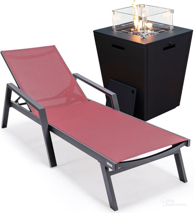 The appearance of Marlin Outdoor Patio Chaise Lounge Chair With Arms and Square Fire Pit Side Table In Burgundy designed by LeisureMod in the modern / contemporary interior design. This burgundy piece of furniture  was selected by 1StopBedrooms from Marlin Collection to add a touch of cosiness and style into your home. Sku: MLABLCF21-77BRG. Material: Aluminum. Product Type: Outdoor Conversation Set. Image1
