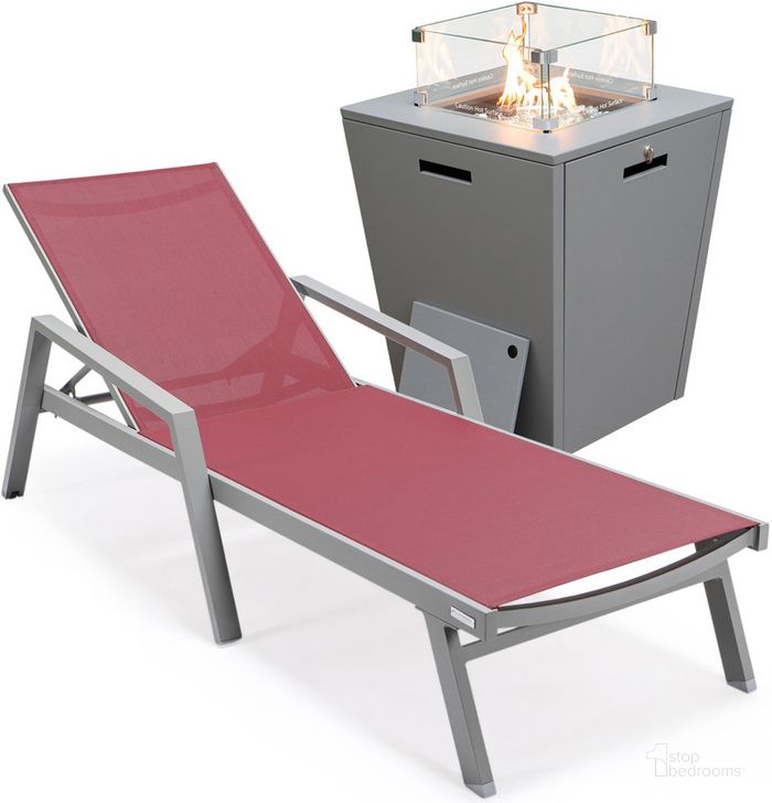 The appearance of Marlin Outdoor Patio Chaise Lounge Chair With Arms and Square Fire Pit Side Table In Burgundy designed by LeisureMod in the modern / contemporary interior design. This burgundy piece of furniture  was selected by 1StopBedrooms from Marlin Collection to add a touch of cosiness and style into your home. Sku: MLAGRCF21-77BRG. Material: Aluminum. Product Type: Outdoor Conversation Set. Image1