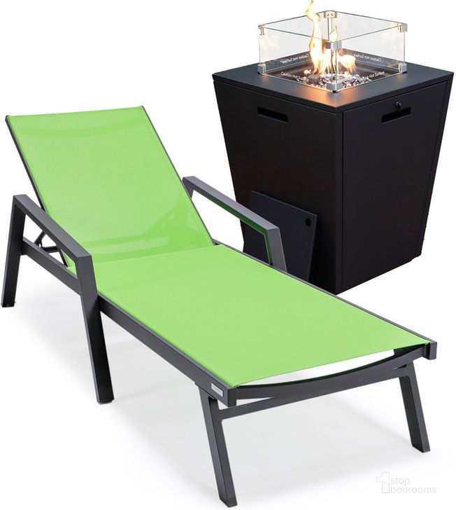 The appearance of Marlin Outdoor Patio Chaise Lounge Chair With Arms and Square Fire Pit Side Table In Green designed by LeisureMod in the modern / contemporary interior design. This green piece of furniture  was selected by 1StopBedrooms from Marlin Collection to add a touch of cosiness and style into your home. Sku: MLABLCF21-77G. Material: Aluminum. Product Type: Outdoor Conversation Set. Image1
