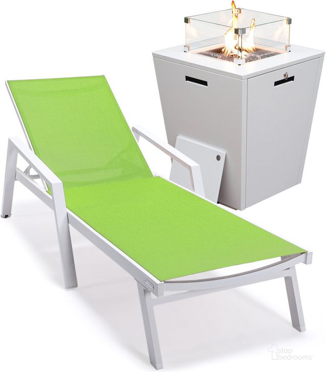 The appearance of Marlin Outdoor Patio Chaise Lounge Chair With Arms and Square Fire Pit Side Table In Green designed by LeisureMod in the modern / contemporary interior design. This green piece of furniture  was selected by 1StopBedrooms from Marlin Collection to add a touch of cosiness and style into your home. Sku: MLAWCF21-77G. Material: Aluminum. Product Type: Outdoor Conversation Set. Image1