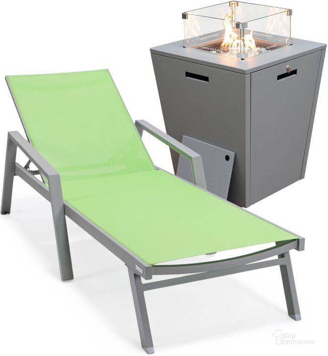 The appearance of Marlin Outdoor Patio Chaise Lounge Chair With Arms and Square Fire Pit Side Table In Green designed by LeisureMod in the modern / contemporary interior design. This green piece of furniture  was selected by 1StopBedrooms from Marlin Collection to add a touch of cosiness and style into your home. Sku: MLAGRCF21-77G. Material: Aluminum. Product Type: Outdoor Conversation Set. Image1