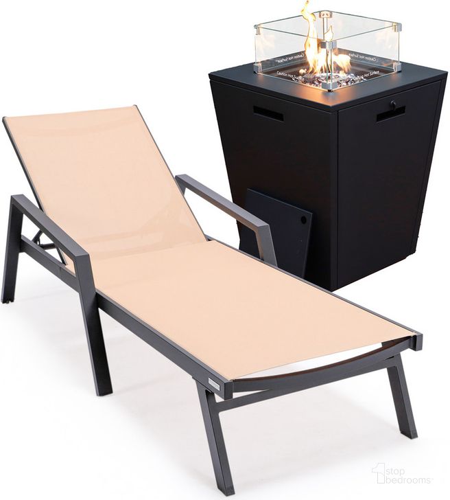 The appearance of Marlin Outdoor Patio Chaise Lounge Chair With Arms and Square Fire Pit Side Table In Light Brown designed by LeisureMod in the modern / contemporary interior design. This light brown piece of furniture  was selected by 1StopBedrooms from Marlin Collection to add a touch of cosiness and style into your home. Sku: MLABLCF21-77LBR. Material: Aluminum. Product Type: Outdoor Conversation Set. Image1