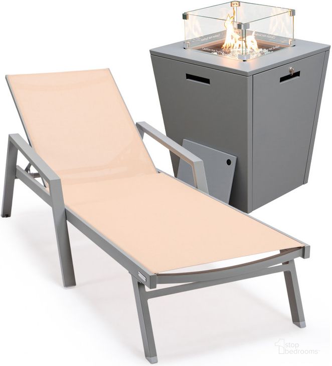 The appearance of Marlin Outdoor Patio Chaise Lounge Chair With Arms and Square Fire Pit Side Table In Light Brown designed by LeisureMod in the modern / contemporary interior design. This light brown piece of furniture  was selected by 1StopBedrooms from Marlin Collection to add a touch of cosiness and style into your home. Sku: MLAGRCF21-77LBR. Material: Aluminum. Product Type: Outdoor Conversation Set. Image1