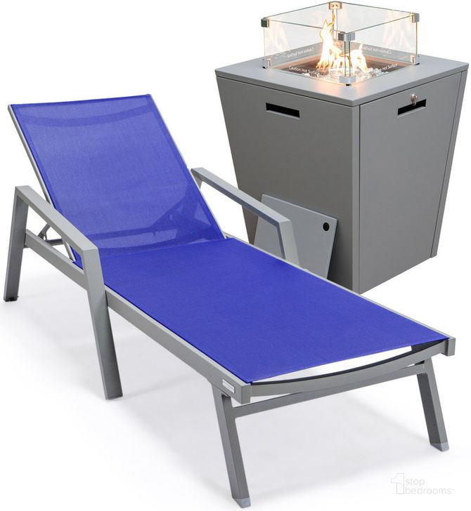 The appearance of Marlin Outdoor Patio Chaise Lounge Chair With Arms and Square Fire Pit Side Table In Navy Blue designed by LeisureMod in the modern / contemporary interior design. This navy blue piece of furniture  was selected by 1StopBedrooms from Marlin Collection to add a touch of cosiness and style into your home. Sku: MLAGRCF21-77NBU. Material: Aluminum. Product Type: Outdoor Conversation Set. Image1