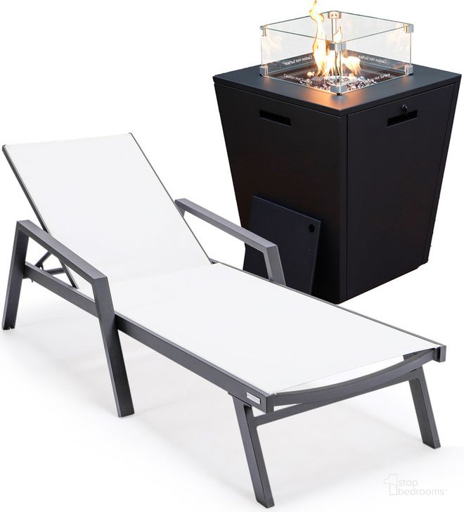 The appearance of Marlin Outdoor Patio Chaise Lounge Chair With Arms and Square Fire Pit Side Table In White designed by LeisureMod in the modern / contemporary interior design. This white piece of furniture  was selected by 1StopBedrooms from Marlin Collection to add a touch of cosiness and style into your home. Sku: MLABLCF21-77W. Material: Aluminum. Product Type: Outdoor Conversation Set. Image1