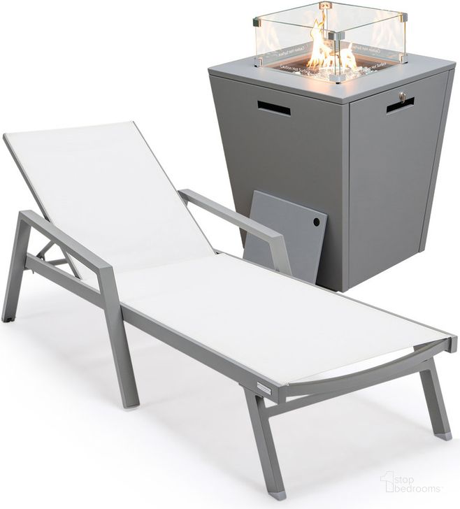 The appearance of Marlin Outdoor Patio Chaise Lounge Chair With Arms and Square Fire Pit Side Table In White designed by LeisureMod in the modern / contemporary interior design. This white piece of furniture  was selected by 1StopBedrooms from Marlin Collection to add a touch of cosiness and style into your home. Sku: MLAGRCF21-77W. Material: Aluminum. Product Type: Outdoor Conversation Set. Image1