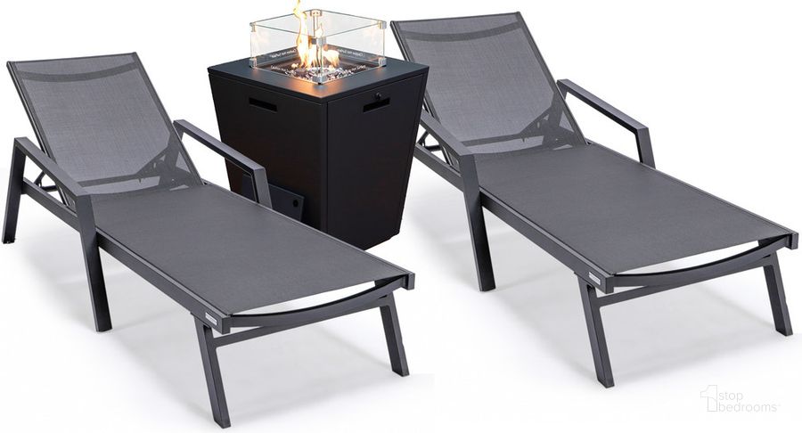 The appearance of Marlin Outdoor Patio Chaise Lounge Chair With Arms and Square Fire Pit Side Table Set of 2 In Black designed by LeisureMod in the modern / contemporary interior design. This black piece of furniture  was selected by 1StopBedrooms from Marlin Collection to add a touch of cosiness and style into your home. Sku: MLABLCF21-77BL2. Material: Aluminum. Product Type: Outdoor Conversation Set. Image1
