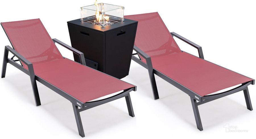 The appearance of Marlin Outdoor Patio Chaise Lounge Chair With Arms and Square Fire Pit Side Table Set of 2 In Burgundy designed by LeisureMod in the modern / contemporary interior design. This burgundy piece of furniture  was selected by 1StopBedrooms from Marlin Collection to add a touch of cosiness and style into your home. Sku: MLABLCF21-77BRG2. Material: Aluminum. Product Type: Outdoor Conversation Set. Image1