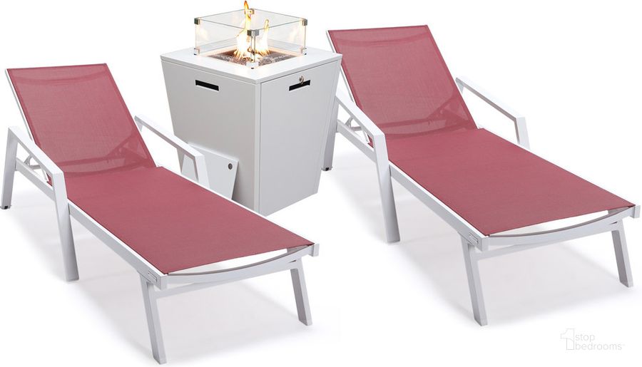 The appearance of Marlin Outdoor Patio Chaise Lounge Chair With Arms and Square Fire Pit Side Table Set of 2 In Burgundy designed by LeisureMod in the modern / contemporary interior design. This burgundy piece of furniture  was selected by 1StopBedrooms from Marlin Collection to add a touch of cosiness and style into your home. Sku: MLAWCF21-77BRG2. Material: Aluminum. Product Type: Outdoor Conversation Set. Image1