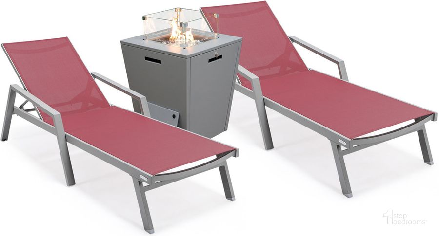 The appearance of Marlin Outdoor Patio Chaise Lounge Chair With Arms and Square Fire Pit Side Table Set of 2 In Burgundy designed by LeisureMod in the modern / contemporary interior design. This burgundy piece of furniture  was selected by 1StopBedrooms from Marlin Collection to add a touch of cosiness and style into your home. Sku: MLAGRCF21-77BRG2. Material: Aluminum. Product Type: Outdoor Conversation Set. Image1