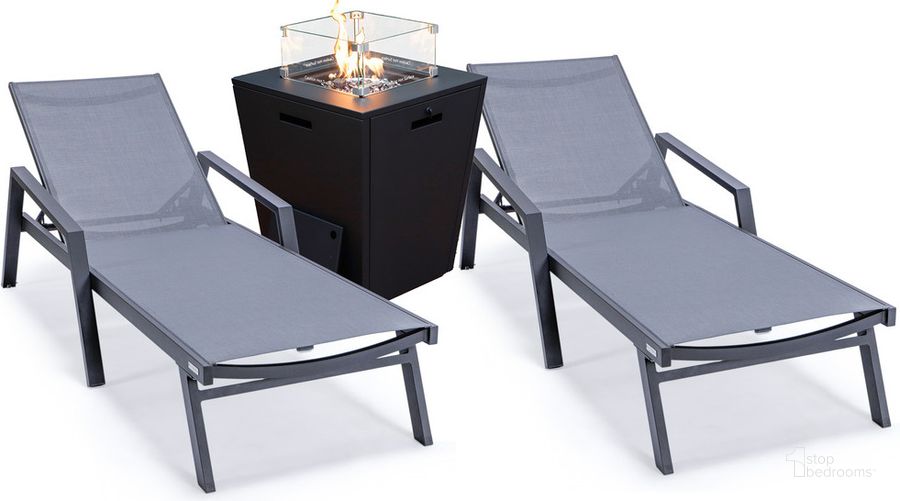 The appearance of Marlin Outdoor Patio Chaise Lounge Chair With Arms and Square Fire Pit Side Table Set of 2 In Dark Grey designed by LeisureMod in the modern / contemporary interior design. This dark grey piece of furniture  was selected by 1StopBedrooms from Marlin Collection to add a touch of cosiness and style into your home. Sku: MLABLCF21-77DGR2. Material: Aluminum. Product Type: Outdoor Conversation Set. Image1