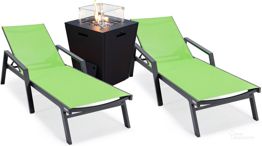 The appearance of Marlin Outdoor Patio Chaise Lounge Chair With Arms and Square Fire Pit Side Table Set of 2 In Green designed by LeisureMod in the modern / contemporary interior design. This green piece of furniture  was selected by 1StopBedrooms from Marlin Collection to add a touch of cosiness and style into your home. Sku: MLABLCF21-77G2. Material: Aluminum. Product Type: Outdoor Conversation Set. Image1