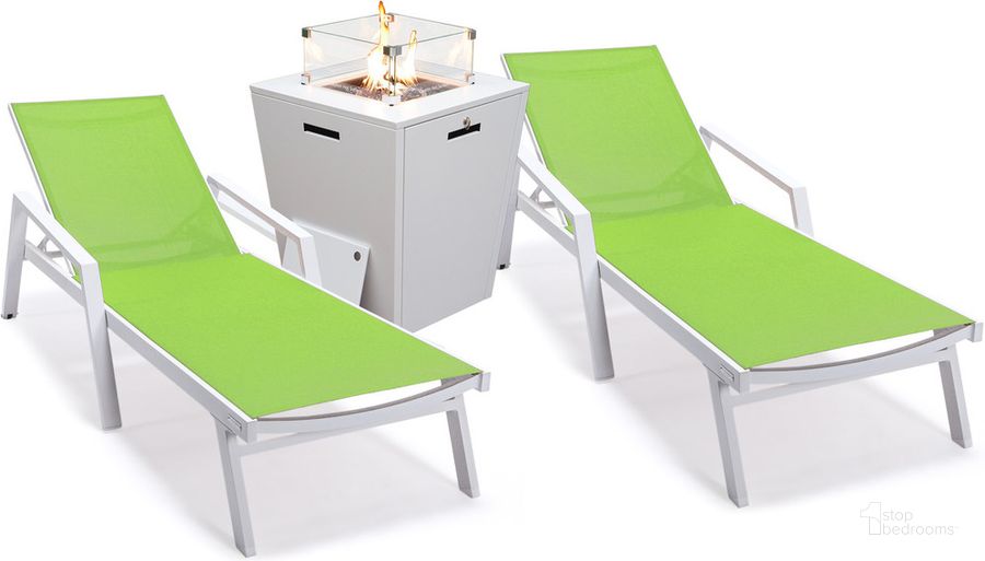 The appearance of Marlin Outdoor Patio Chaise Lounge Chair With Arms and Square Fire Pit Side Table Set of 2 In Green designed by LeisureMod in the modern / contemporary interior design. This green piece of furniture  was selected by 1StopBedrooms from Marlin Collection to add a touch of cosiness and style into your home. Sku: MLAWCF21-77G2. Material: Aluminum. Product Type: Outdoor Conversation Set. Image1