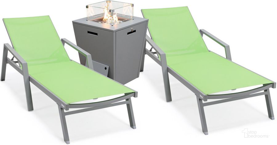 The appearance of Marlin Outdoor Patio Chaise Lounge Chair With Arms and Square Fire Pit Side Table Set of 2 In Green designed by LeisureMod in the modern / contemporary interior design. This green piece of furniture  was selected by 1StopBedrooms from Marlin Collection to add a touch of cosiness and style into your home. Sku: MLAGRCF21-77G2. Material: Aluminum. Product Type: Outdoor Conversation Set. Image1