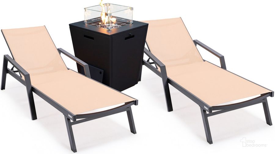 The appearance of Marlin Outdoor Patio Chaise Lounge Chair With Arms and Square Fire Pit Side Table Set of 2 In Light Brown designed by LeisureMod in the modern / contemporary interior design. This light brown piece of furniture  was selected by 1StopBedrooms from Marlin Collection to add a touch of cosiness and style into your home. Sku: MLABLCF21-77LBR2. Material: Aluminum. Product Type: Outdoor Conversation Set. Image1