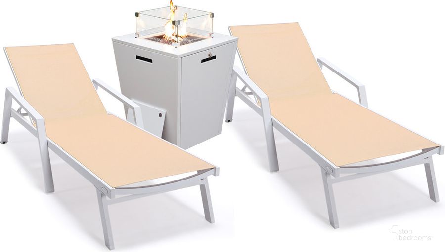 The appearance of Marlin Outdoor Patio Chaise Lounge Chair With Arms and Square Fire Pit Side Table Set of 2 In Light Brown designed by LeisureMod in the modern / contemporary interior design. This light brown piece of furniture  was selected by 1StopBedrooms from Marlin Collection to add a touch of cosiness and style into your home. Sku: MLAWCF21-77LBR2. Material: Aluminum. Product Type: Outdoor Conversation Set. Image1