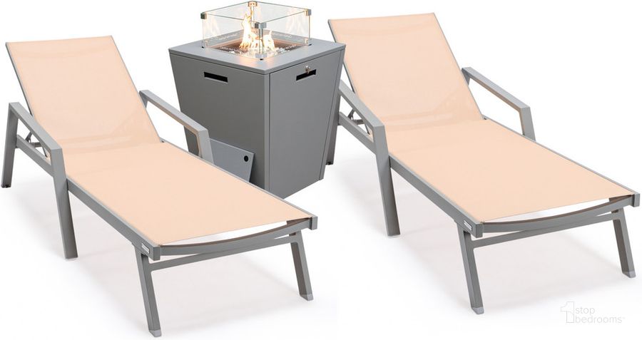 The appearance of Marlin Outdoor Patio Chaise Lounge Chair With Arms and Square Fire Pit Side Table Set of 2 In Light Brown designed by LeisureMod in the modern / contemporary interior design. This light brown piece of furniture  was selected by 1StopBedrooms from Marlin Collection to add a touch of cosiness and style into your home. Sku: MLAGRCF21-77LBR2. Material: Aluminum. Product Type: Outdoor Conversation Set. Image1