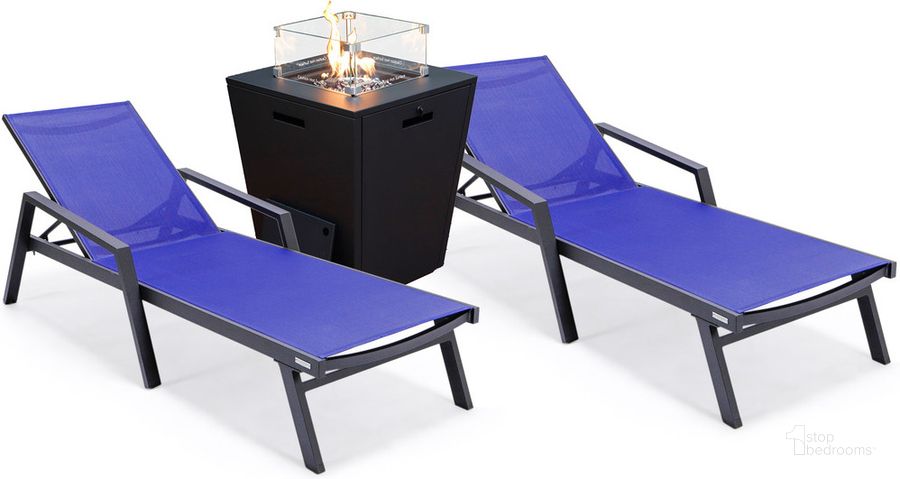 The appearance of Marlin Outdoor Patio Chaise Lounge Chair With Arms and Square Fire Pit Side Table Set of 2 In Navy Blue designed by LeisureMod in the modern / contemporary interior design. This navy blue piece of furniture  was selected by 1StopBedrooms from Marlin Collection to add a touch of cosiness and style into your home. Sku: MLABLCF21-77NBU2. Material: Aluminum. Product Type: Outdoor Conversation Set. Image1