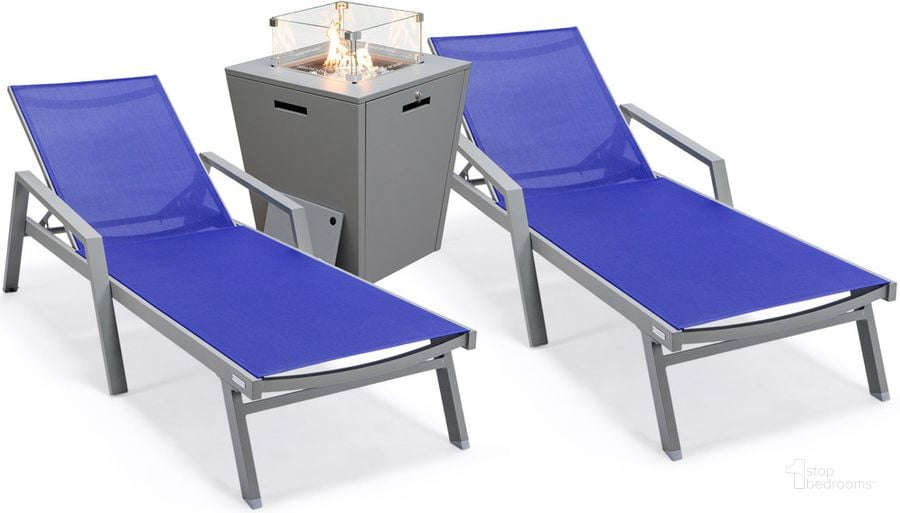 The appearance of Marlin Outdoor Patio Chaise Lounge Chair With Arms and Square Fire Pit Side Table Set of 2 In Navy Blue designed by LeisureMod in the modern / contemporary interior design. This navy blue piece of furniture  was selected by 1StopBedrooms from Marlin Collection to add a touch of cosiness and style into your home. Sku: MLAGRCF21-77NBU2. Material: Aluminum. Product Type: Outdoor Conversation Set. Image1