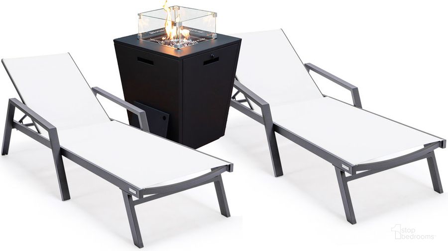 The appearance of Marlin Outdoor Patio Chaise Lounge Chair With Arms and Square Fire Pit Side Table Set of 2 In White designed by LeisureMod in the modern / contemporary interior design. This white piece of furniture  was selected by 1StopBedrooms from Marlin Collection to add a touch of cosiness and style into your home. Sku: MLABLCF21-77W2. Material: Aluminum. Product Type: Outdoor Conversation Set. Image1