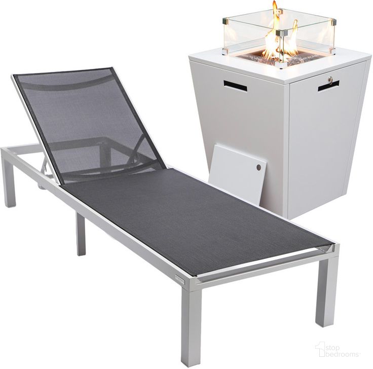 The appearance of Marlin Outdoor Patio Chaise Lounge Chair With Square Fire Pit Side Table In Black designed by LeisureMod in the modern / contemporary interior design. This black piece of furniture  was selected by 1StopBedrooms from Marlin Collection to add a touch of cosiness and style into your home. Sku: MLWCF21-77BL. Material: Aluminum. Product Type: Outdoor Conversation Set. Image1