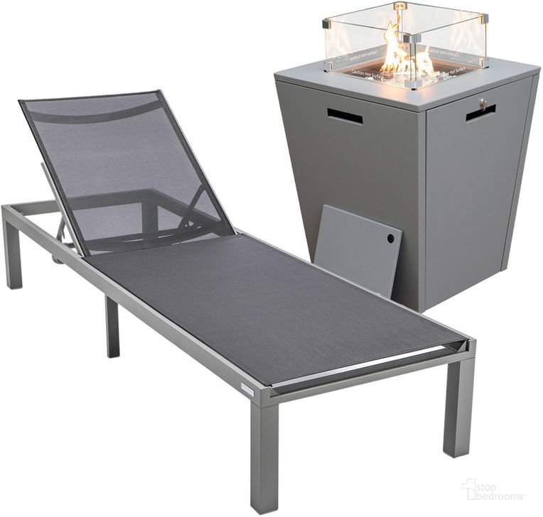 The appearance of Marlin Outdoor Patio Chaise Lounge Chair With Square Fire Pit Side Table In Black designed by LeisureMod in the modern / contemporary interior design. This black piece of furniture  was selected by 1StopBedrooms from Marlin Collection to add a touch of cosiness and style into your home. Sku: MLGRCF21-77BL. Material: Aluminum. Product Type: Outdoor Conversation Set. Image1