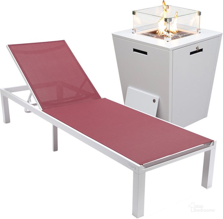 The appearance of Marlin Outdoor Patio Chaise Lounge Chair With Square Fire Pit Side Table In Burgundy designed by LeisureMod in the modern / contemporary interior design. This burgundy piece of furniture  was selected by 1StopBedrooms from Marlin Collection to add a touch of cosiness and style into your home. Sku: MLWCF21-77BRG. Material: Aluminum. Product Type: Outdoor Conversation Set. Image1