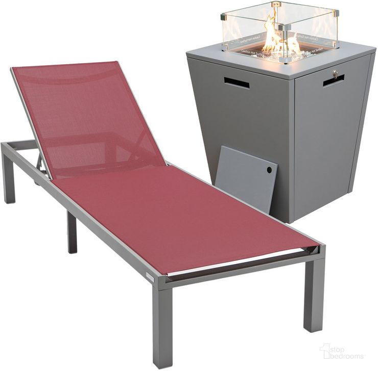 The appearance of Marlin Outdoor Patio Chaise Lounge Chair With Square Fire Pit Side Table In Burgundy designed by LeisureMod in the modern / contemporary interior design. This burgundy piece of furniture  was selected by 1StopBedrooms from Marlin Collection to add a touch of cosiness and style into your home. Sku: MLGRCF21-77BRG. Material: Aluminum. Product Type: Outdoor Conversation Set. Image1