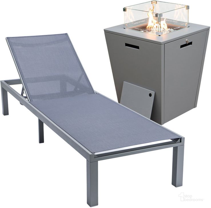 The appearance of Marlin Outdoor Patio Chaise Lounge Chair With Square Fire Pit Side Table In Dark Grey designed by LeisureMod in the modern / contemporary interior design. This dark grey piece of furniture  was selected by 1StopBedrooms from Marlin Collection to add a touch of cosiness and style into your home. Sku: MLGRCF21-77DGR. Material: Aluminum. Product Type: Outdoor Conversation Set. Image1