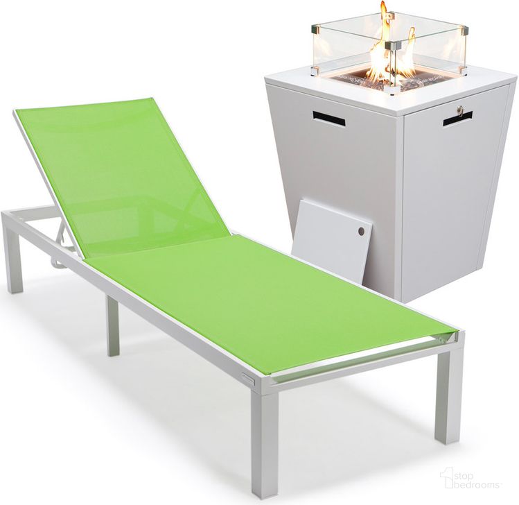 The appearance of Marlin Outdoor Patio Chaise Lounge Chair With Square Fire Pit Side Table In Green designed by LeisureMod in the modern / contemporary interior design. This green piece of furniture  was selected by 1StopBedrooms from Marlin Collection to add a touch of cosiness and style into your home. Sku: MLWCF21-77G. Material: Aluminum. Product Type: Outdoor Conversation Set. Image1