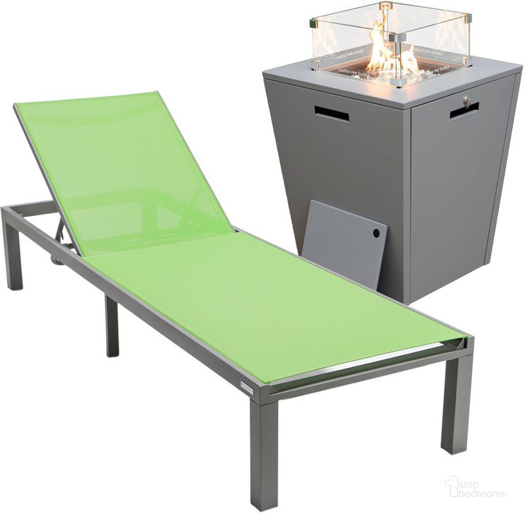 The appearance of Marlin Outdoor Patio Chaise Lounge Chair With Square Fire Pit Side Table In Green designed by LeisureMod in the modern / contemporary interior design. This green piece of furniture  was selected by 1StopBedrooms from Marlin Collection to add a touch of cosiness and style into your home. Sku: MLGRCF21-77G. Material: Aluminum. Product Type: Outdoor Conversation Set. Image1