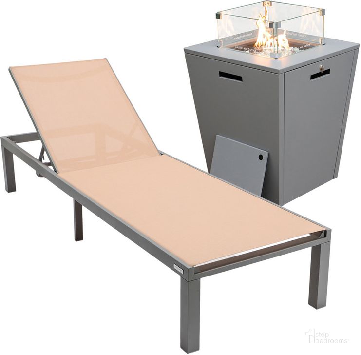 The appearance of Marlin Outdoor Patio Chaise Lounge Chair With Square Fire Pit Side Table In Light Brown designed by LeisureMod in the modern / contemporary interior design. This light brown piece of furniture  was selected by 1StopBedrooms from Marlin Collection to add a touch of cosiness and style into your home. Sku: MLGRCF21-77LBR. Material: Aluminum. Product Type: Outdoor Conversation Set. Image1