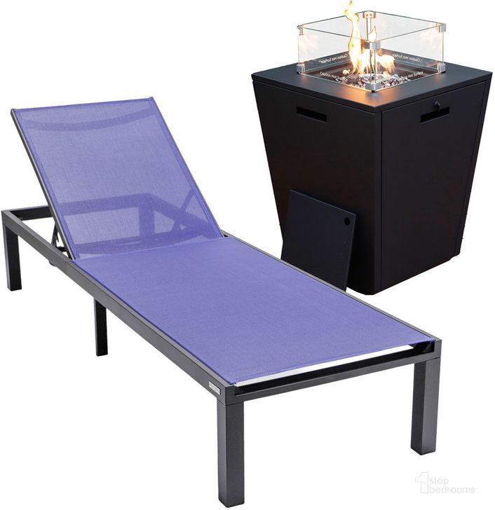 The appearance of Marlin Outdoor Patio Chaise Lounge Chair With Square Fire Pit Side Table In Navy Blue designed by LeisureMod in the modern / contemporary interior design. This navy blue piece of furniture  was selected by 1StopBedrooms from Marlin Collection to add a touch of cosiness and style into your home. Sku: MLBLCF21-77NBU. Material: Aluminum. Product Type: Outdoor Conversation Set. Image1