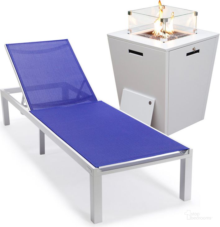 The appearance of Marlin Outdoor Patio Chaise Lounge Chair With Square Fire Pit Side Table In Navy Blue designed by LeisureMod in the modern / contemporary interior design. This navy blue piece of furniture  was selected by 1StopBedrooms from Marlin Collection to add a touch of cosiness and style into your home. Sku: MLWCF21-77NBU. Material: Aluminum. Product Type: Outdoor Conversation Set. Image1