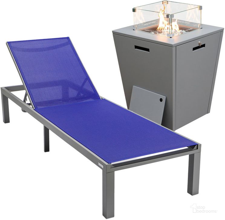 The appearance of Marlin Outdoor Patio Chaise Lounge Chair With Square Fire Pit Side Table In Navy Blue designed by LeisureMod in the modern / contemporary interior design. This navy blue piece of furniture  was selected by 1StopBedrooms from Marlin Collection to add a touch of cosiness and style into your home. Sku: MLGRCF21-77NBU. Material: Aluminum. Product Type: Outdoor Conversation Set. Image1
