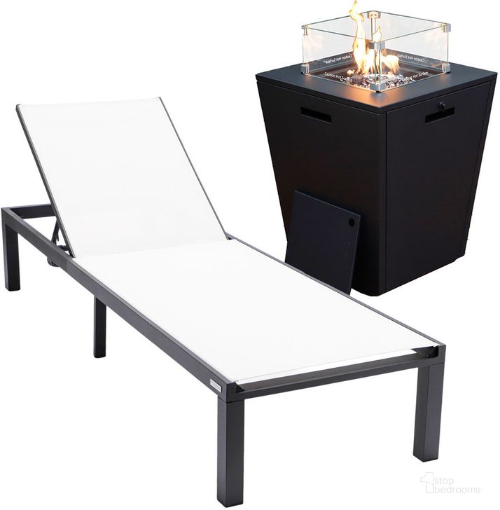 The appearance of Marlin Outdoor Patio Chaise Lounge Chair With Square Fire Pit Side Table In White designed by LeisureMod in the modern / contemporary interior design. This white piece of furniture  was selected by 1StopBedrooms from Marlin Collection to add a touch of cosiness and style into your home. Sku: MLBLCF21-77W. Material: Aluminum. Product Type: Outdoor Conversation Set. Image1