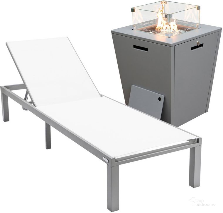 The appearance of Marlin Outdoor Patio Chaise Lounge Chair With Square Fire Pit Side Table In White designed by LeisureMod in the modern / contemporary interior design. This white piece of furniture  was selected by 1StopBedrooms from Marlin Collection to add a touch of cosiness and style into your home. Sku: MLGRCF21-77W. Material: Aluminum. Product Type: Outdoor Conversation Set. Image1