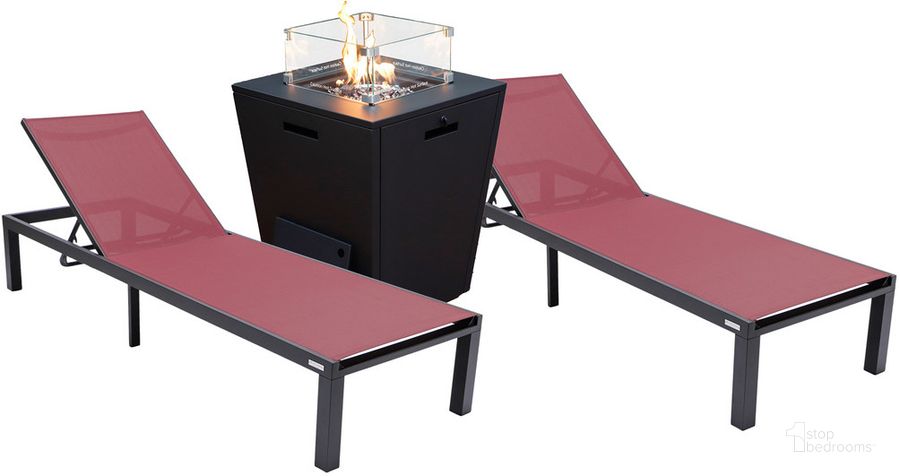 The appearance of Marlin Outdoor Patio Chaise Lounge Chair With Square Fire Pit Side Table Set of 2 In Burgundy designed by LeisureMod in the modern / contemporary interior design. This burgundy piece of furniture  was selected by 1StopBedrooms from Marlin Collection to add a touch of cosiness and style into your home. Sku: MLBLCF21-77BRG2. Material: Aluminum. Product Type: Outdoor Conversation Set. Image1